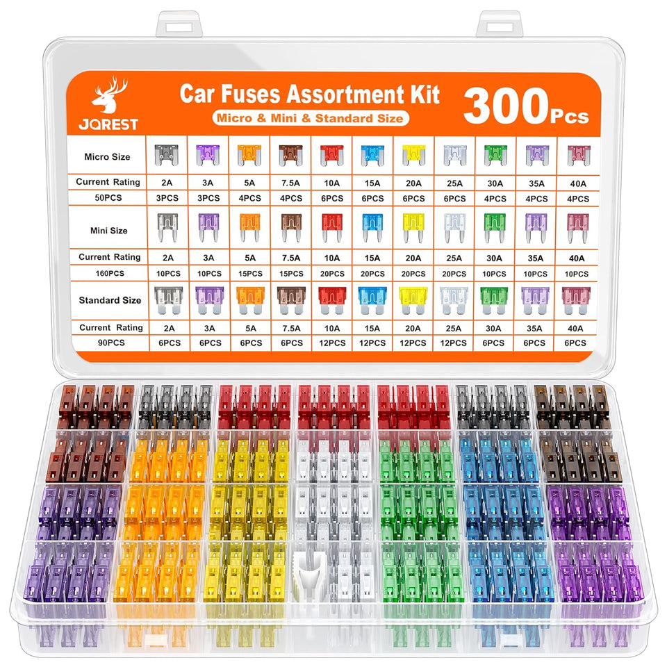 JOREST 300Pcs Car Fuse Assortment Kit, 160 Mini Blade Fuses Automotive + 90 Standard Auto Fuses + 50 Micro + PLller – Replacement for RV Camper Boat Truck (2Amp 3A 5A 7.5A 10A 15A 20A 25A 30A 35A 40A)