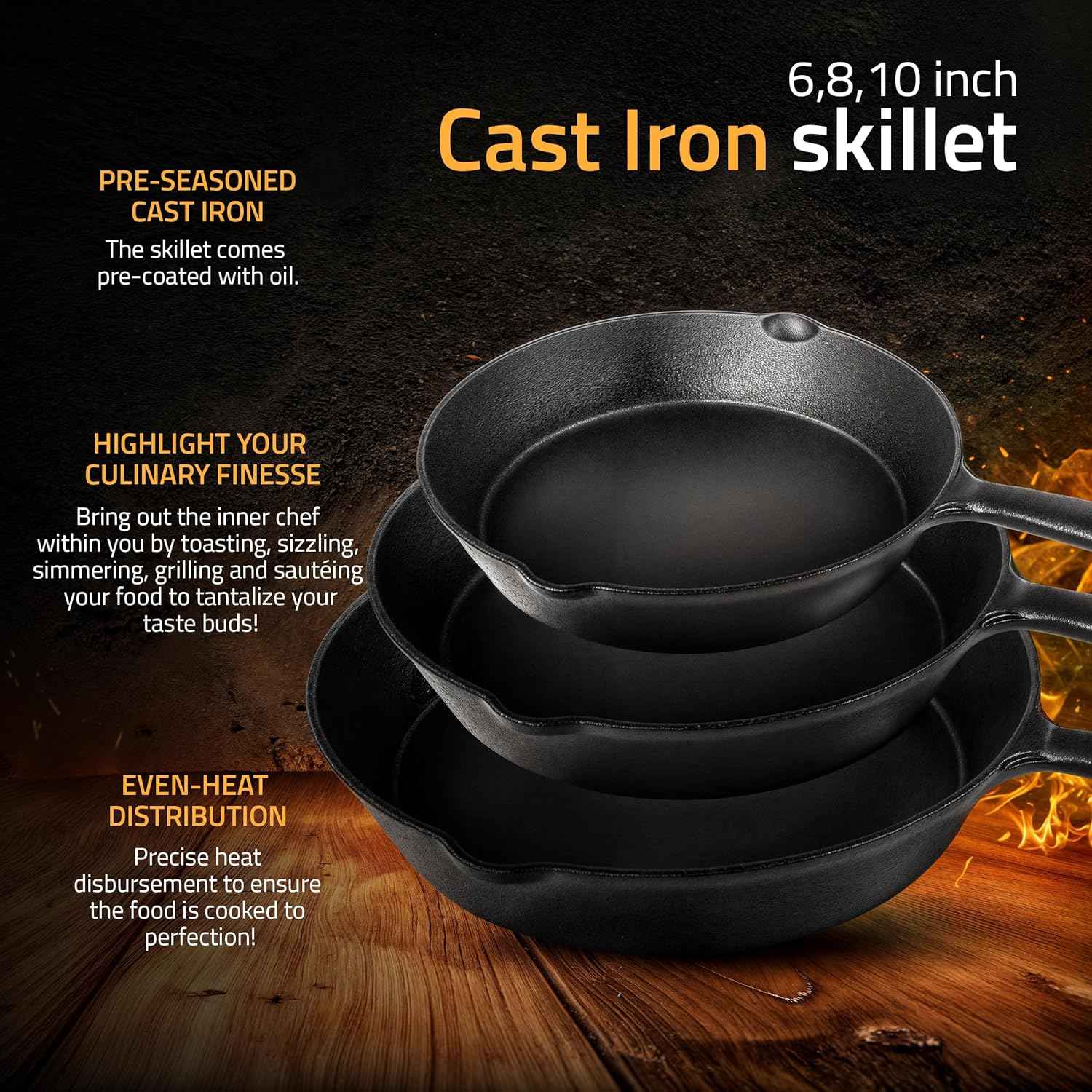 Utopia Kitchen Cast iron Skillets 3 Piece Set, Chefs Pan, Pre Seasoned Cast iron Skillets, 6, 8 & 10 Inches, Easy Use in the Oven, Stove, Grill, or Campfire, Black