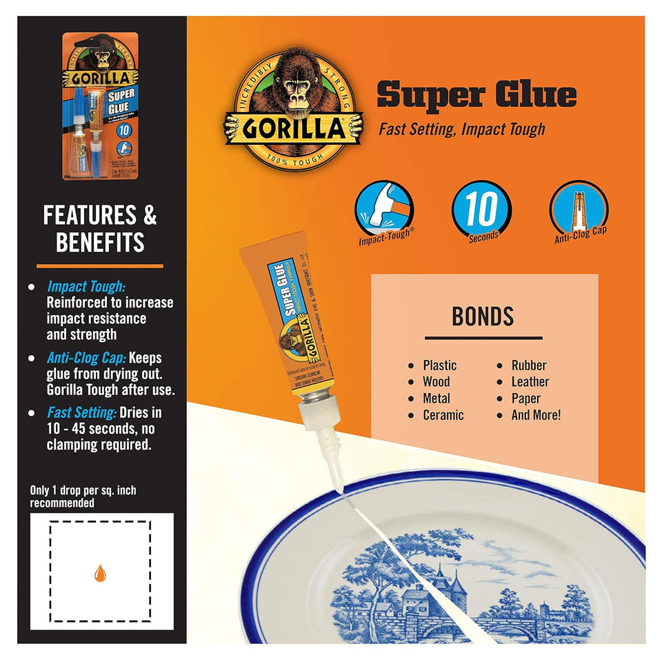 Gorilla Super Glue, Fast‑Setting, Impact‑Tough All‑PLrpose Adhesive with Anti-Clog Cap, 4 -3 g Tubes, (Pack of 1) - Clear