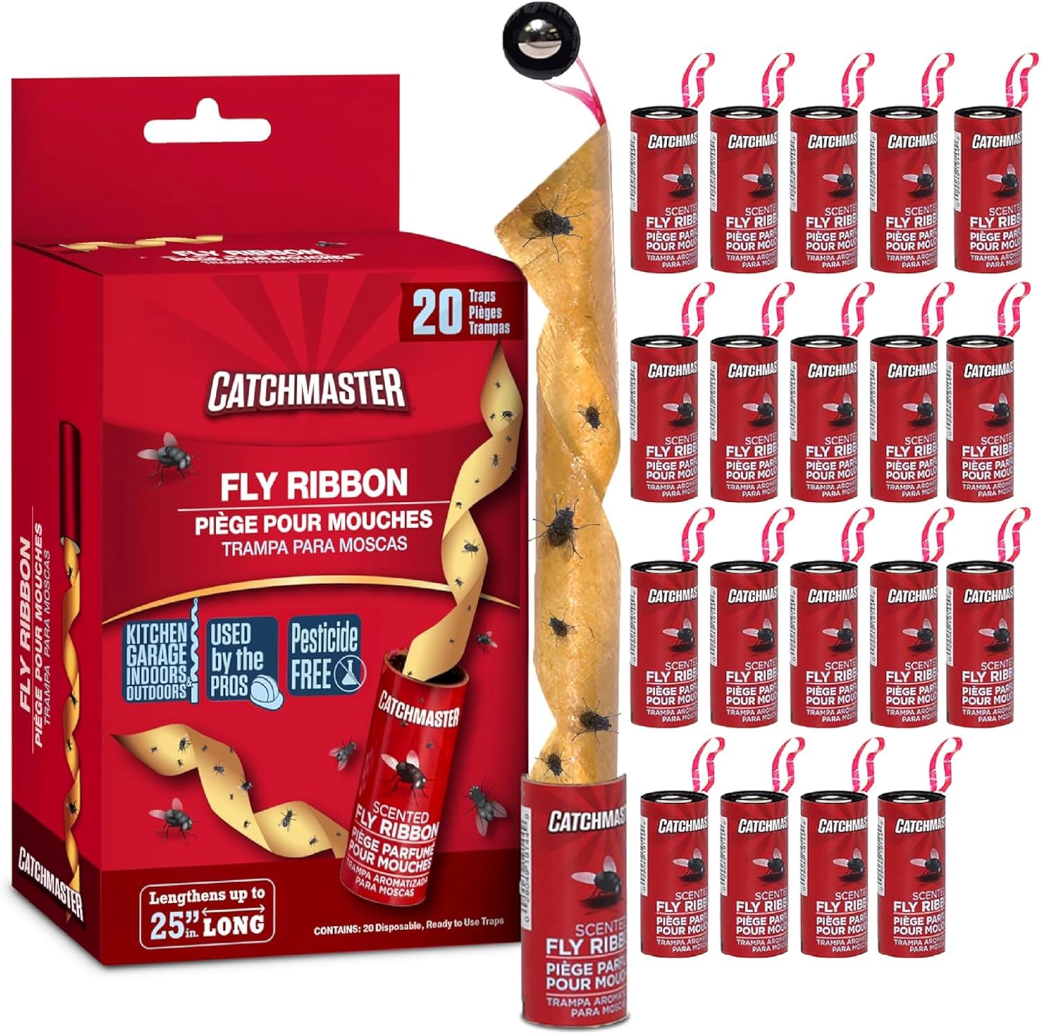 Catchmaster Fly Ribbon 20-Pack, Bug & Fruit Fly Traps Outdoor and Indoor, Premium Adhesive Sticky Strips & Gnat Hanging Strips, Bulk Flying Insect Paper Rolls, Pesticide-Free Home Pest Control