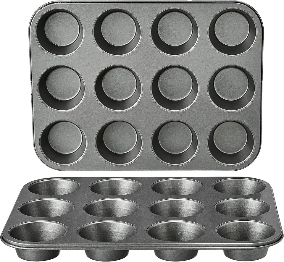 Amazon Basics Nonstick Muffin Pan, Set of 2, Sturdy, Oven Safe, Bakes Evenly, Easy to Clean, 12 Cups, Gray, 13.9x10.55x1.22"