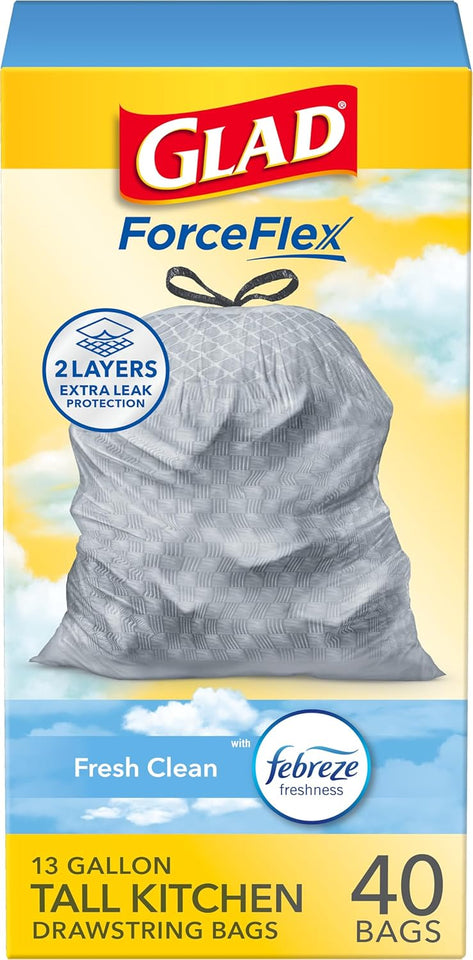 Glad ForceFlex 13-gallon tall kitchen trash bags, 40 count, gain fresh clean scent
