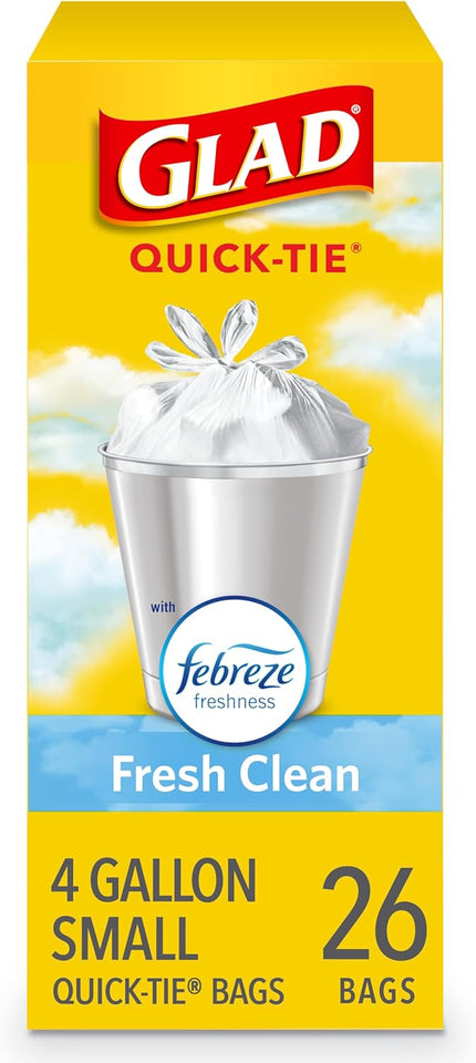 Glad 4 Gallon Small Trash Bags, Febreze Fresh Clean Scent and Quick-Tie Closures, 26 Count