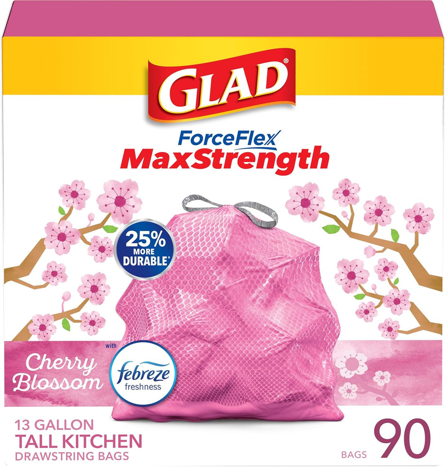 glad tall kitchen trash bags 13 gallon maxstrength cherry blossom scent garbage bags with drawstring 90 count for everyday household use