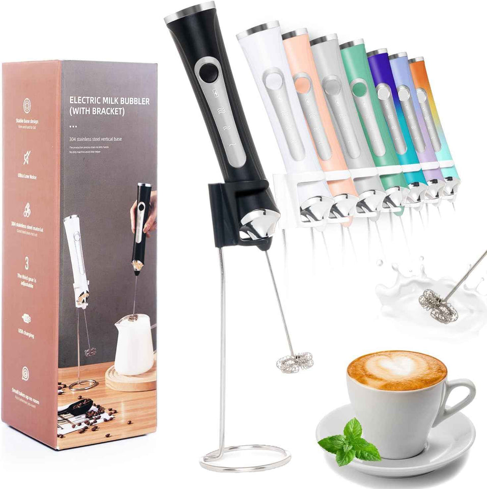 Rechargeable Handheld Milk Frother, 3-Speed, Electric Coffee Frother with 2 Whisk Heads, Stand, and USB Charging