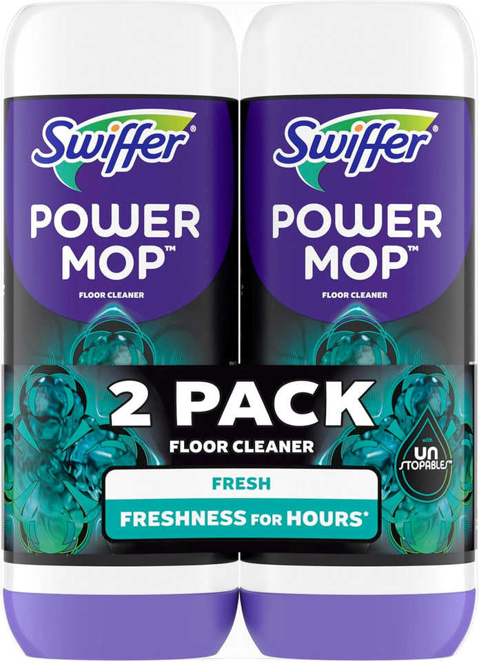 swiffer powermop floor cleaning solution refills, unstopables fresh scent, 2 pack, 25.3 fl oz bottles