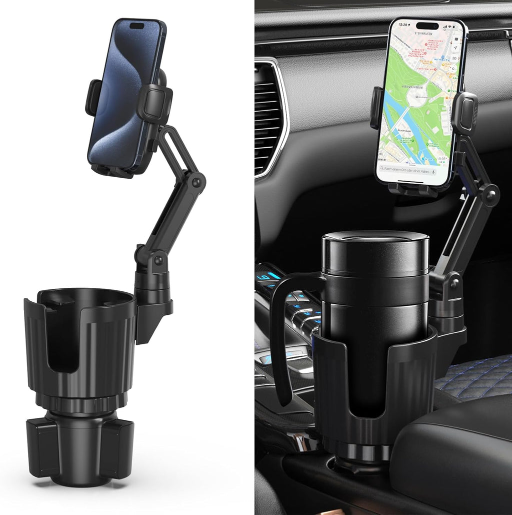 2-in-1 universal car cup holder phone mount with 360° rotation adjustable grip fits most vehicles